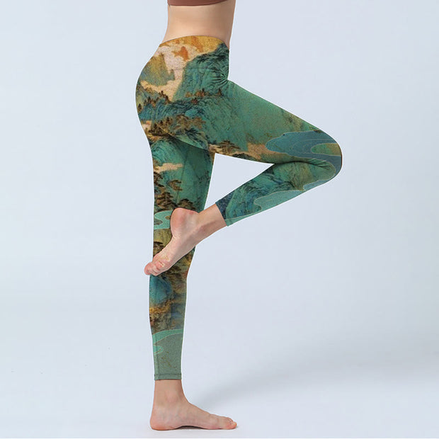 Buddha Stones Chinese Style Green Mountains Landscape Print Lycra Fabric Fitness Leggings Women's Yoga Pants Leggings BS 5