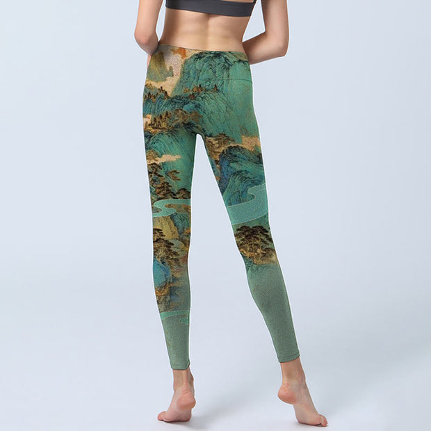 Buddha Stones Chinese Style Green Mountains Landscape Print Lycra Fabric Fitness Leggings Women's Yoga Pants Leggings BS 6