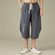 Buddha Stones Casual Solid Color Men's Flare Shorts With Pockets 7-8 Length Pants Cotton Shorts