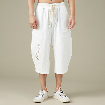 Buddha Stones Casual Solid Color Men's Flare Shorts With Pockets 7-8 Length Pants Cotton Shorts