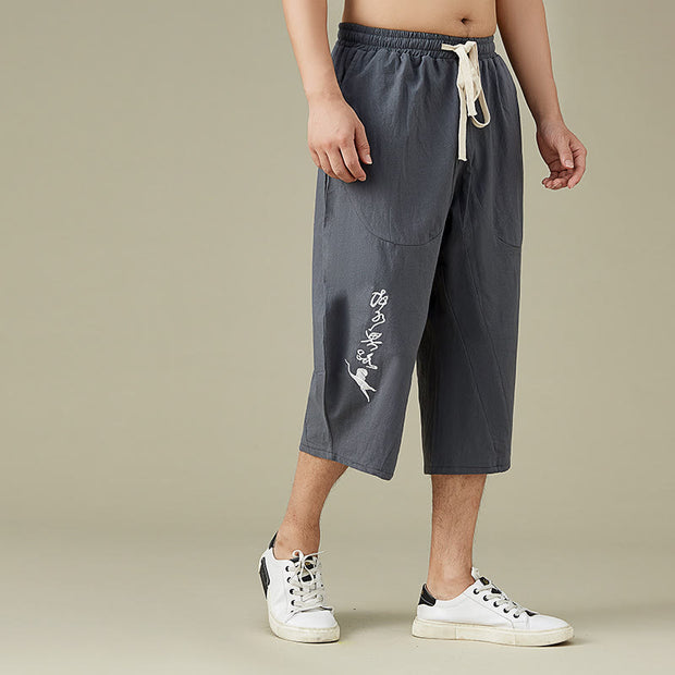 Buddha Stones Casual Solid Color Men's Flare Shorts With Pockets 7-8 Length Pants Cotton Shorts