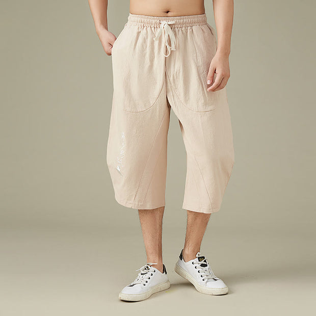 Buddha Stones Casual Solid Color Men's Flare Shorts With Pockets 7-8 Length Pants Cotton Shorts