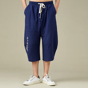 Buddha Stones Casual Solid Color Men's Flare Shorts With Pockets 7-8 Length Pants Cotton Shorts