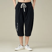 Buddha Stones Casual Solid Color Men's Flare Shorts With Pockets 7-8 Length Pants Cotton Shorts