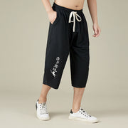 Buddha Stones Casual Solid Color Men's Flare Shorts With Pockets 7-8 Length Pants Cotton Shorts