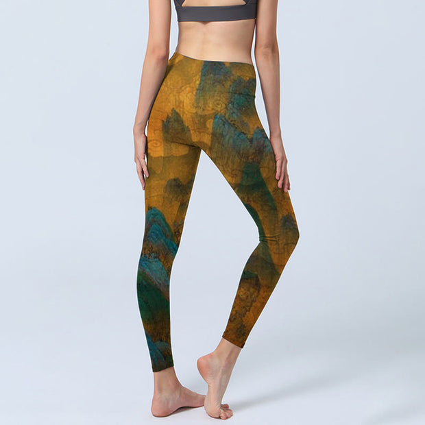 Buddha Stones Dark Goldenrod Mountain Print Lycra Fabric Fitness Leggings Women's Yoga Pants