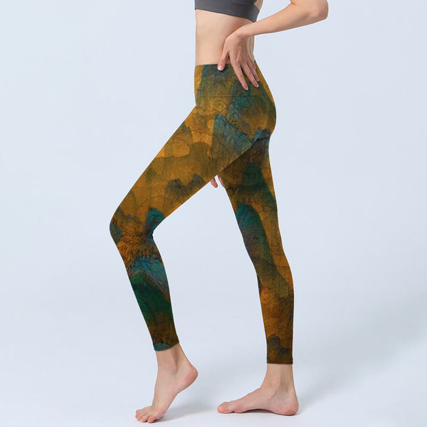 Buddha Stones Dark Goldenrod Mountain Print Fitness Leggings Women's Yoga Pants