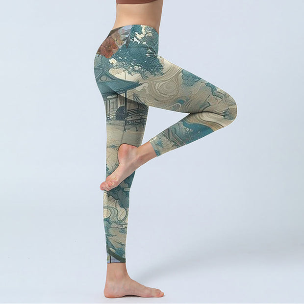 Buddha Stones Chinese Architecture Dark Sea Green Print Lycra Fabric Fitness Leggings Women's Yoga Pants