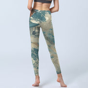 Buddha Stones Chinese Architecture Dark Sea Green Print Lycra Fabric Fitness Leggings Women's Yoga Pants Leggings BS 3