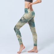 Buddha Stones Chinese Architecture Dark Sea Green Print Lycra Fabric Fitness Leggings Women's Yoga Pants