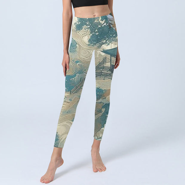 Buddha Stones Chinese Architecture Dark Sea Green Print Fitness Leggings Women's Yoga Pants