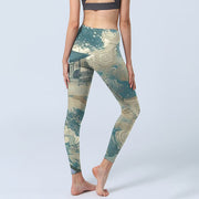 Buddha Stones Chinese Architecture Dark Sea Green Print Lycra Fabric Fitness Leggings Women's Yoga Pants