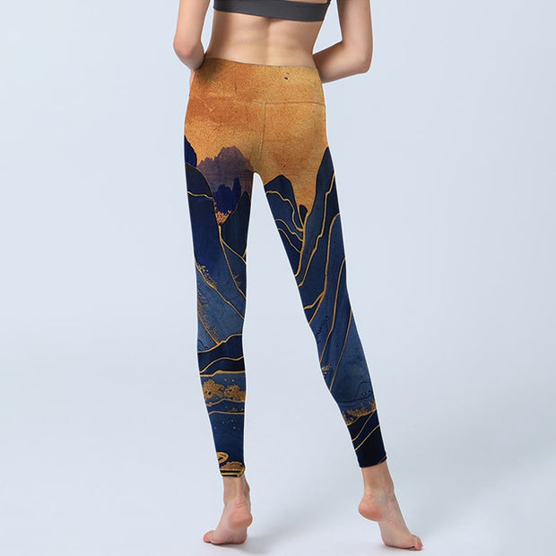 Buddha Stones Dark Blue Mountain Sunset Print Lycra Fabric Fitness Leggings Women's Yoga Pants Leggings BS 3