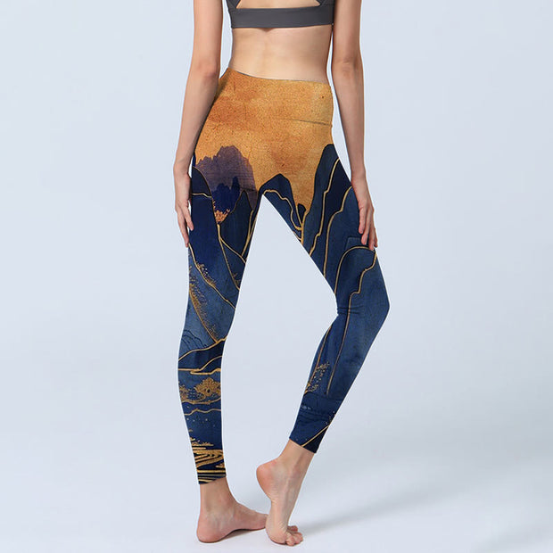 Buddha Stones Dark Blue Mountain Sunset Print Fitness Leggings Women's Yoga Pants