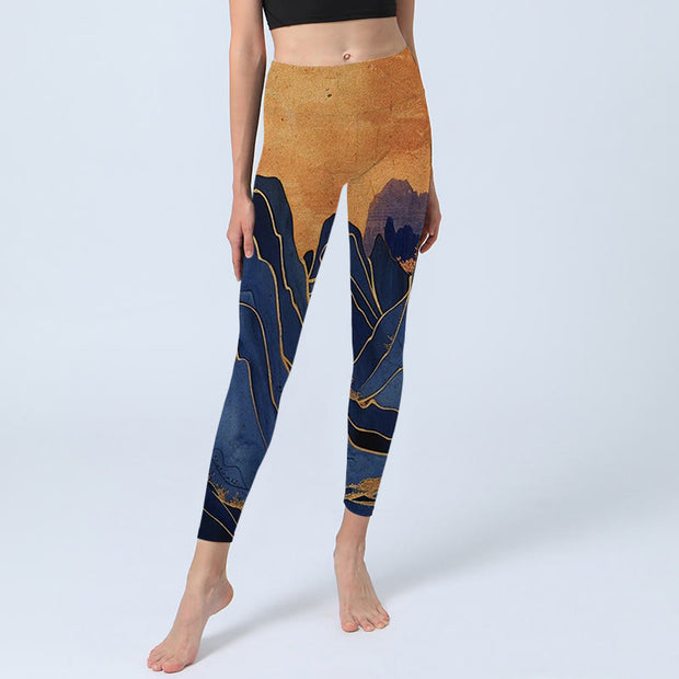 Buddha Stones Dark Blue Mountain Sunset Print Fitness Leggings Women's Yoga Pants