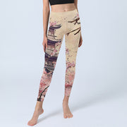 Buddha Stones Pink Sakura Antique Building Print Fitness Leggings Women's Yoga Pants