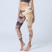 Buddha Stones Pink Sakura Antique Building Print Lycra Fabric Fitness Leggings Women's Yoga Pants