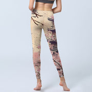 Buddha Stones Pink Sakura Antique Building Print Lycra Fabric Fitness Leggings Women's Yoga Pants