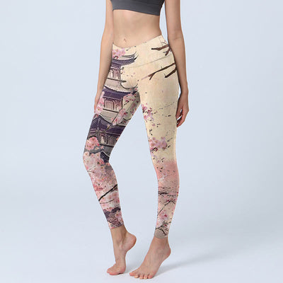 Buddha Stones Pink Sakura Antique Building Print Fitness Leggings Women's Yoga Pants