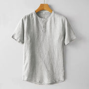 Buddha Stones Summer Men's Solid Color Button Short Sleeve Linen Shirt