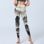 Buddha Stones Splash-ink Landscape Painting Print Lycra Fabric Fitness Leggings Women's Yoga Pants