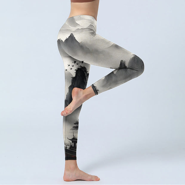 Buddha Stones Splash-ink Landscape Painting Print Lycra Fabric Fitness Leggings Women's Yoga Pants