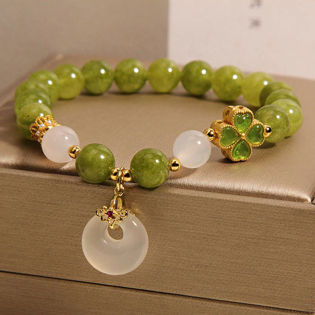 Buddha Stones Green Tourmaline Chalcedony Four Leaf Clover Peace Buckle Charm Wisdom Bracelet Bracelet BS 3