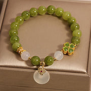 Buddha Stones Green Tourmaline Chalcedony Four Leaf Clover Peace Buckle Charm Wisdom Bracelet