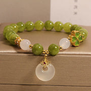 Buddha Stones Green Tourmaline Chalcedony Four Leaf Clover Peace Buckle Charm Wisdom Bracelet Bracelet BS Tourmaline(Positive♥Love)(Wrist Circumference 14-16cm)