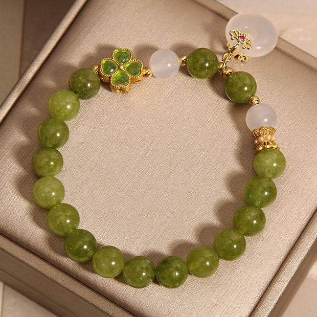 Buddha Stones Green Tourmaline Chalcedony Four Leaf Clover Peace Buckle Charm Wisdom Bracelet Bracelet BS 2