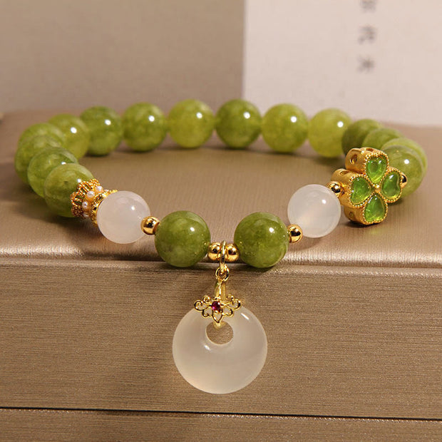 Buddha Stones Green Tourmaline Chalcedony Four Leaf Clover Peace Buckle Charm Wisdom Bracelet Bracelet BS Tourmaline(Positive♥Love)(Wrist Circumference 14-16cm)