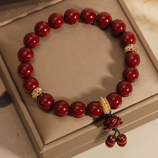 Buddha Stones Cinnabar Lotus Blessing Charm Bracelet Bracelet BS 1