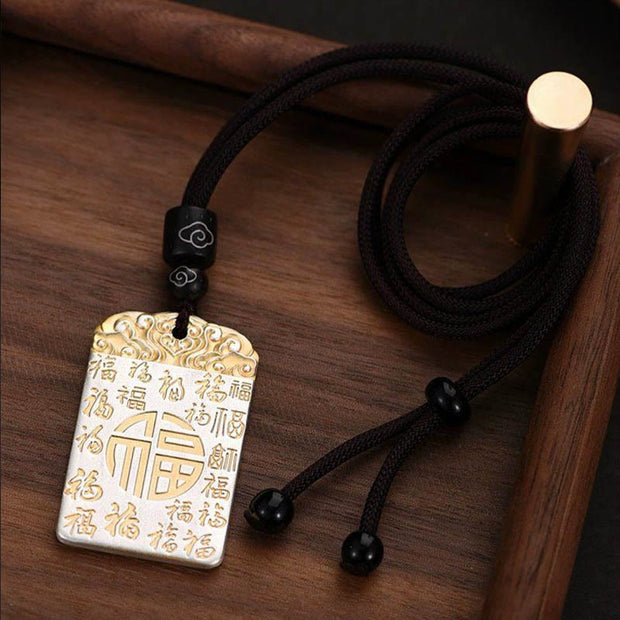 Buddha Stones Silver Plated Copper Fu Character Auspicious Clouds Luck Fortune Rope Necklace Pendant Necklaces & Pendants BS 1