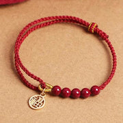 Buddha Stones Cinnabar Fu Character Beads Blessing Red String Handmade Braided Bracelet Bracelet BS 1