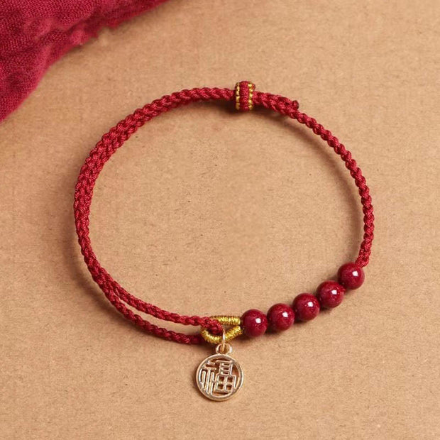 Buddha Stones Cinnabar Fu Character Beads Blessing Red String Handmade Braided Bracelet Bracelet BS 2