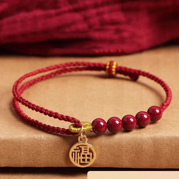 Buddha Stones Cinnabar Fu Character Beads Blessing Red String Handmade Braided Bracelet Bracelet BS Cinnabar Fu Character 925 Sterling Silver Charm(Wrist Circumference: 14-22cm)