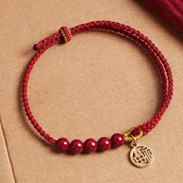 Buddha Stones Cinnabar Fu Character Beads Blessing Red String Handmade Braided Bracelet Bracelet BS 13