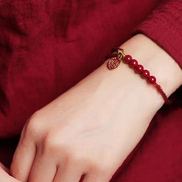 Buddha Stones Cinnabar Fu Character Beads Blessing Red String Handmade Braided Bracelet Bracelet BS 9