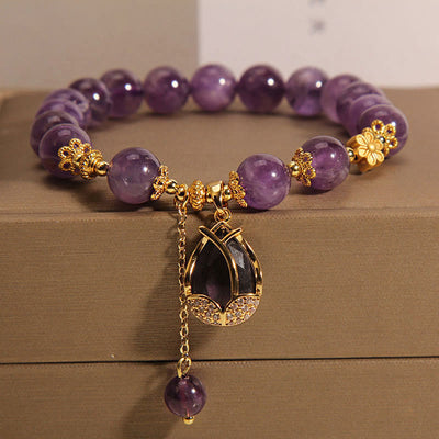 Buddha Stones Amethyst Lily Charm Balance Healing Bracelet