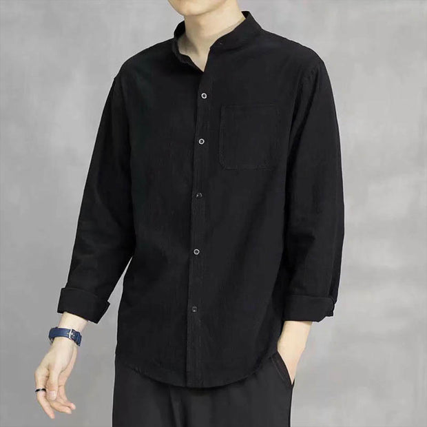 Buddha Stones Men's Long Sleeve Shirt With Pocket Stand Collar Comfort Linen Shirt Men's Shirts BS Black US/UK/AU46，EU56 (5XL)