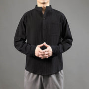 Buddha Stones Men's Long Sleeve Shirt With Pocket Stand Collar Comfort Linen Shirt