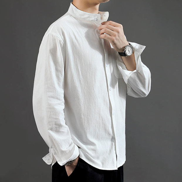 Buddha Stones Men's Long Sleeve Shirt With Pocket Stand Collar Comfort Linen Shirt Men's Shirts BS 14