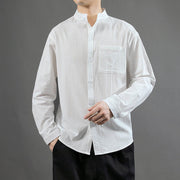 Buddha Stones Men's Long Sleeve Shirt With Pocket Stand Collar Comfort Linen Shirt