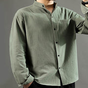 Buddha Stones Men's Long Sleeve Shirt With Pocket Stand Collar Comfort Linen Shirt Men's Shirts BS 4