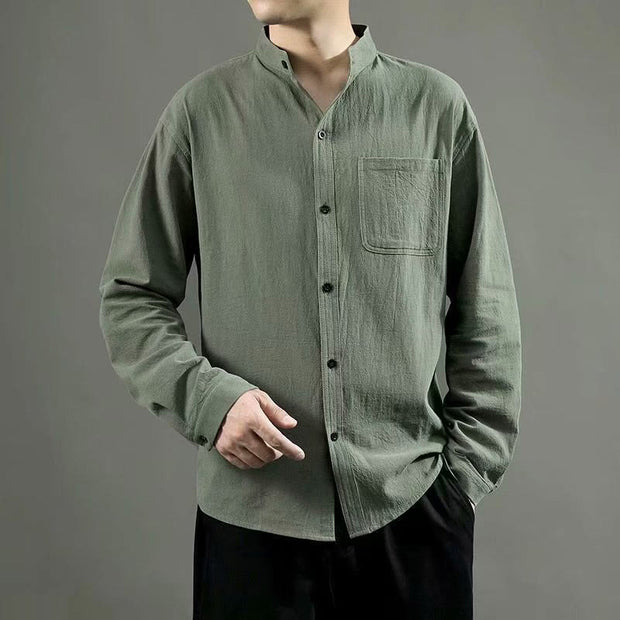 Buddha Stones Men's Long Sleeve Shirt With Pocket Stand Collar Comfort Linen Shirt