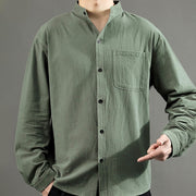 Buddha Stones Men's Long Sleeve Shirt With Pocket Stand Collar Comfort Linen Shirt