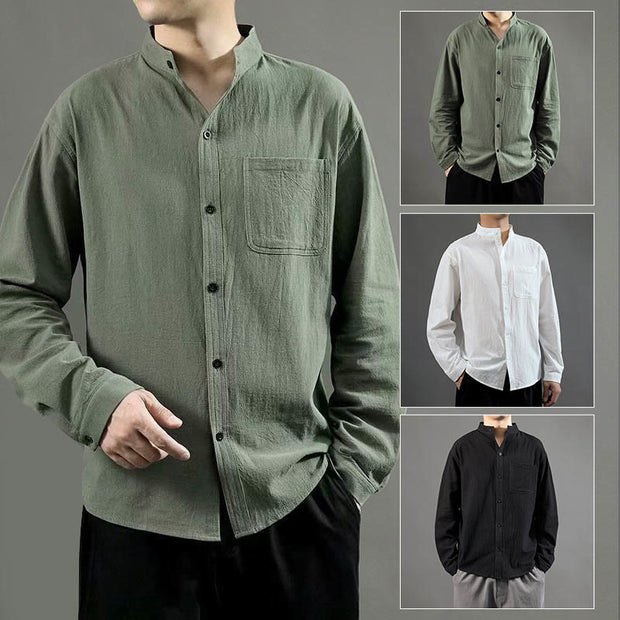 Buddha Stones Men's Long Sleeve Shirt With Pocket Stand Collar Comfort Linen Shirt Men's Shirts BS 9