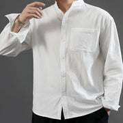 Buddha Stones Men's Long Sleeve Shirt With Pocket Stand Collar Comfort Linen Shirt