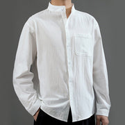 Buddha Stones Men's Long Sleeve Shirt With Pocket Stand Collar Comfort Linen Shirt