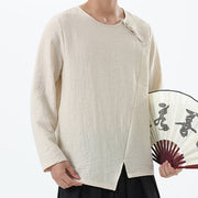 Buddha Stones Men's Long Sleeve Round Collar Comfort Cotton Linen Shirt